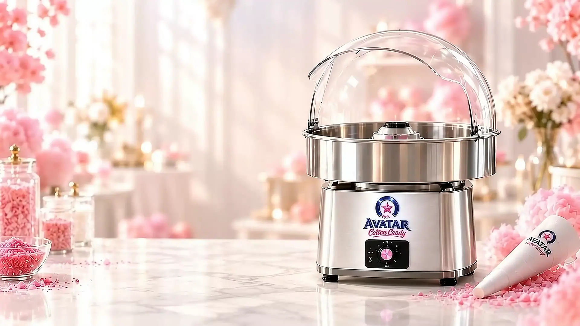 Avatar cotton candy machine in a sunlit pink floral studio